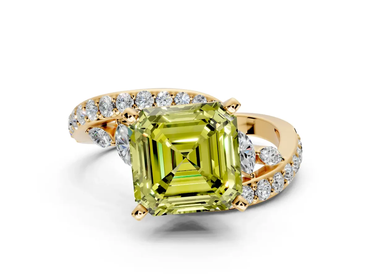Solitaire Engagement Ring Setting for Fancy Yellow Asscher Cut Center with Pave Bypass Twist Band and Prong Head in Yellow Gold