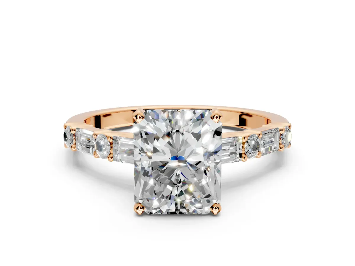 Baguette Engagement Ring Setting for Radiant Cut Center with Alternating Bar-Set Band and Prong Head in Rose Gold