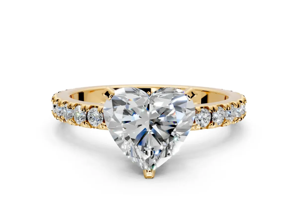 Solitaire Engagement Ring Setting for Heart-Shaped Center with Fine Pave Band and Claw Prong Head in Yellow Gold