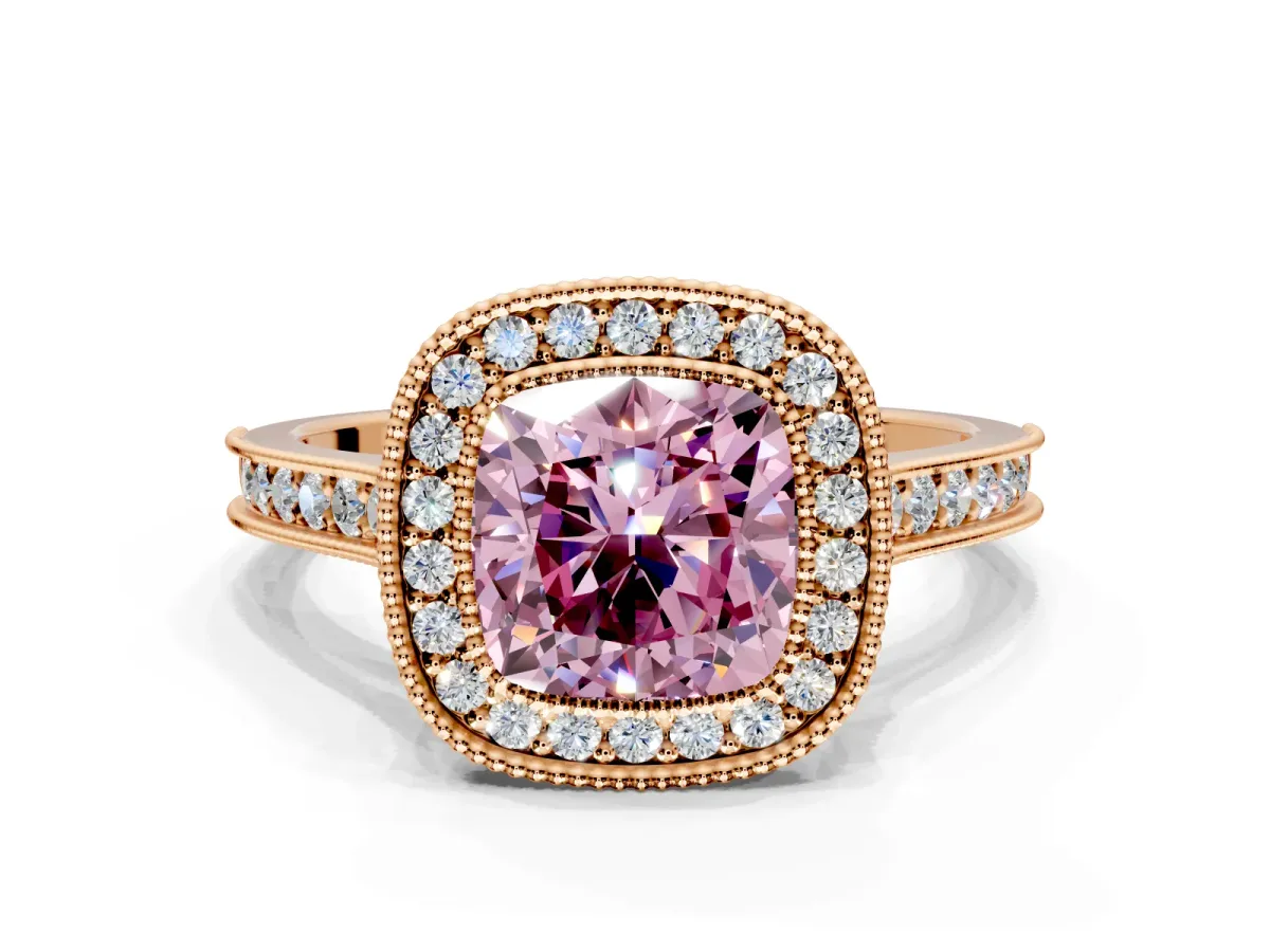 Halo Engagement Ring Setting for Fancy Pink Cushion Cut Center with Milgrain Pave Band and Bezel Head in Rose Gold