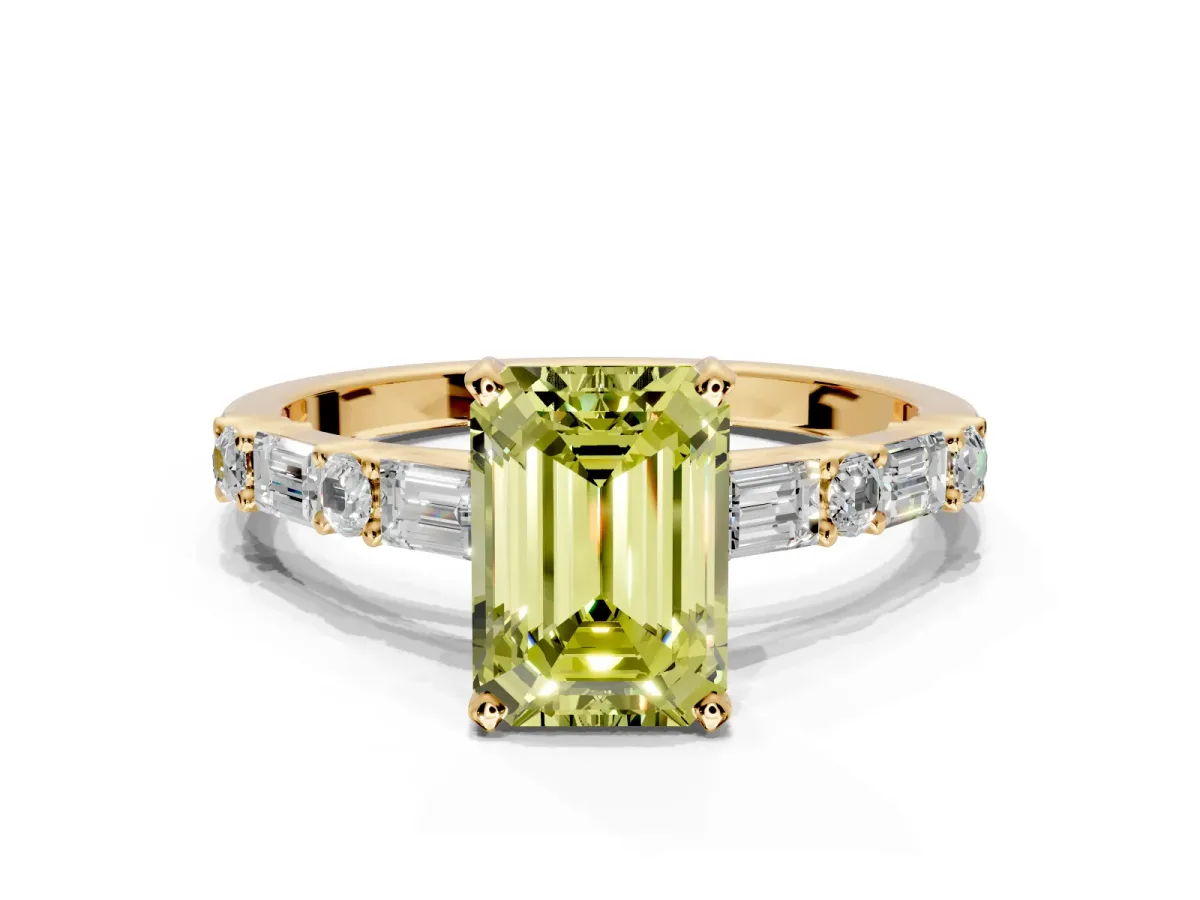 Baguette Engagement Ring Setting for Fancy Yellow Emerald Cut Center with Alternating Bar-Set Band and Prong Head in Yellow Gold