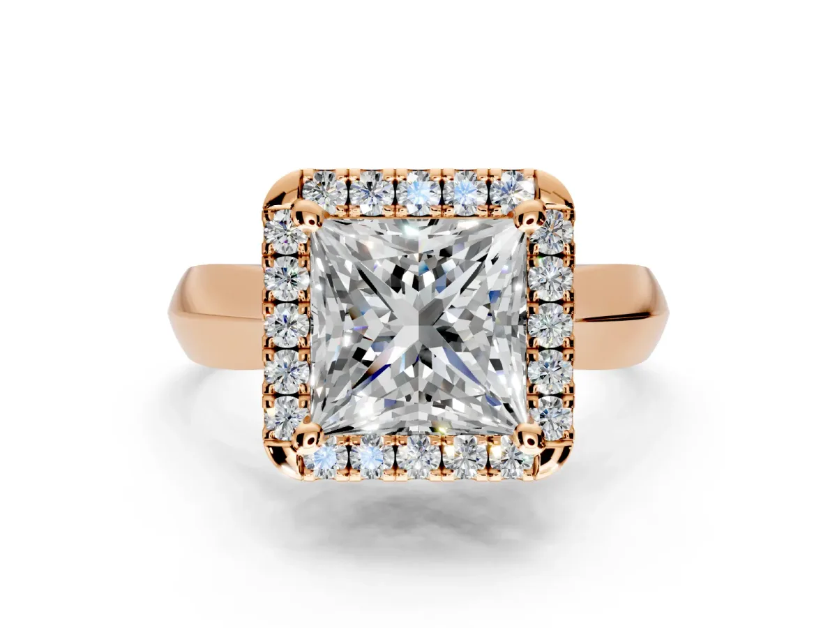 Halo Engagement Ring Setting for Princess Cut Center with Square Band and Prong Head in Rose Gold