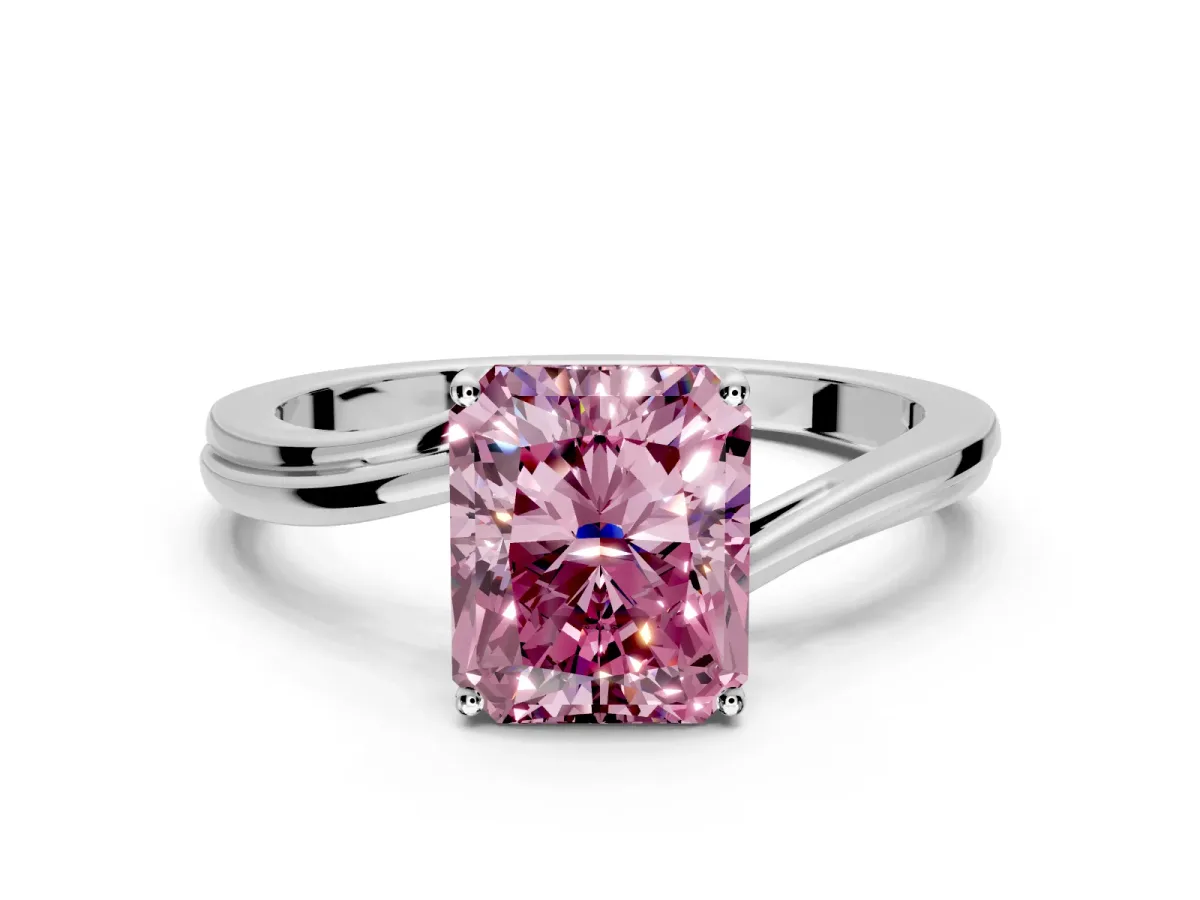 Solitaire Engagement Ring Setting for Fancy Pink Radiant Cut Center with Plain Bypass Twist Band and Prong Head in Sterling Silver