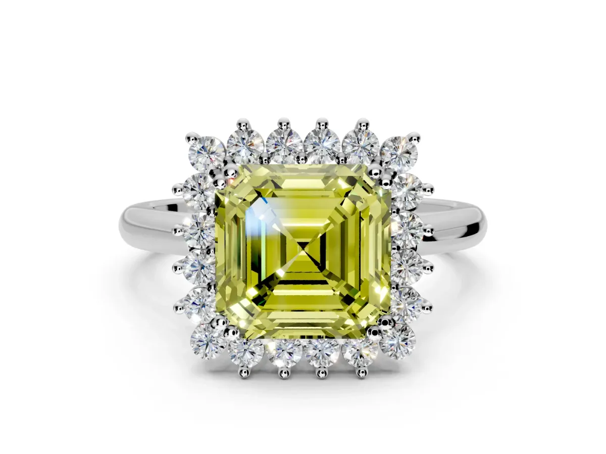 Starburst Halo Engagement Ring Setting for Fancy Yellow Asscher Cut Center with Thin Round-Wire Band and Prong Head in Platinum