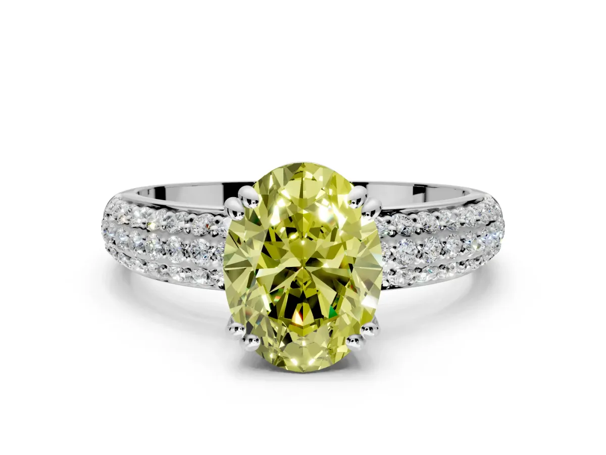 Solitaire Engagement Ring Setting for Fancy Yellow Oval Center with Multi-Row Pave Accents and Basket Head in White Gold