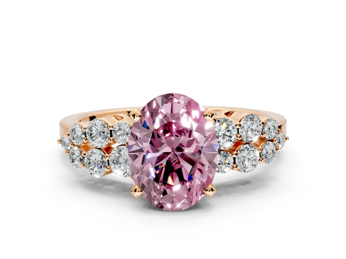 Cluster Engagement Ring Setting for Fancy Pink Oval Center with 2-Row Shoulder Clusters and Prong Head in Rose Gold