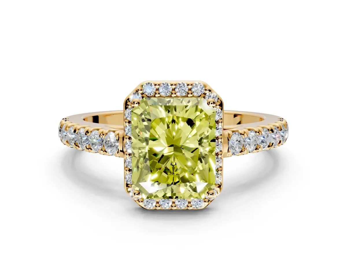 Halo Engagement Ring Setting for Fancy Yellow Radiant Cut Center with Full Pave Band and Prong Head in Yellow Gold