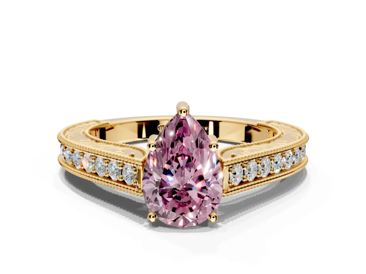 Solitaire Engagement Ring Setting for Fancy Pink Pear-Shaped Center with Engraved Pave Band and Prong Head in Yellow Gold