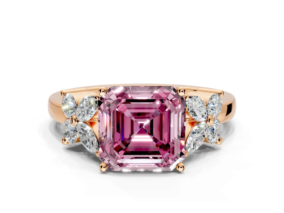 Floral Engagement Ring Setting for Fancy Pink Asscher Cut Center with Marquise Cluster Shoulders and Prong Head in Rose Gold