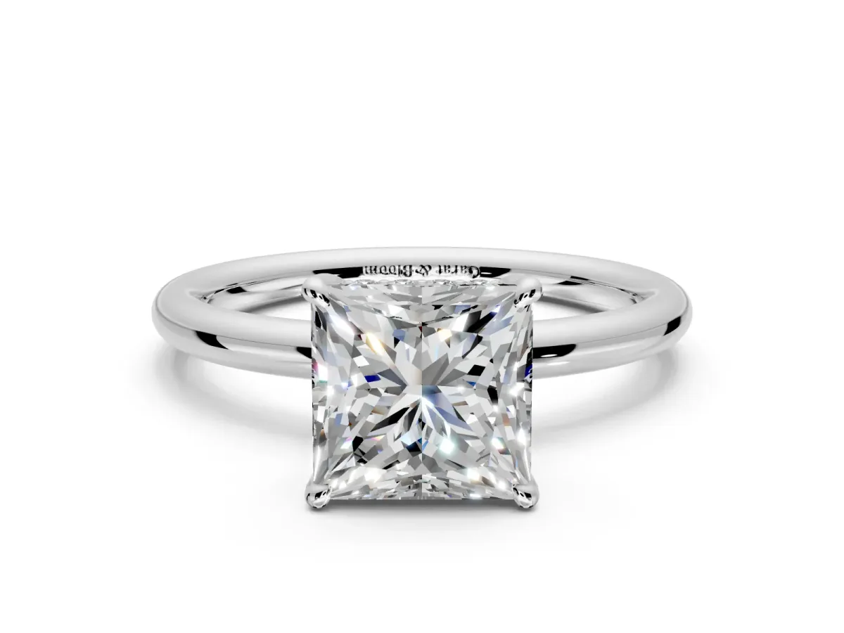Hidden Halo Engagement Ring Setting for Princess Cut Center with Thin Rounded Band and Prong Head in White Gold