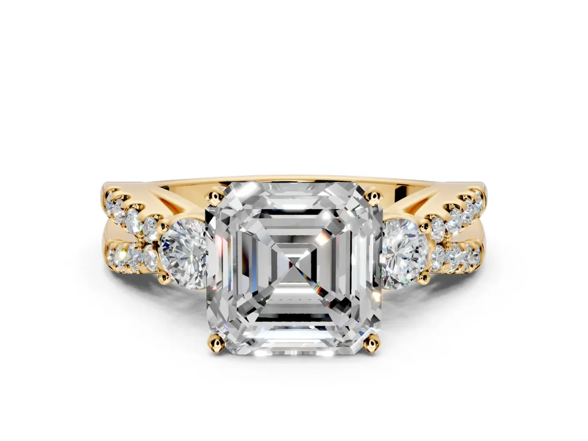 3 Stone Engagement Ring Setting for Asscher Cut Center with Pave Split Shank and Prong Head in Yellow Gold