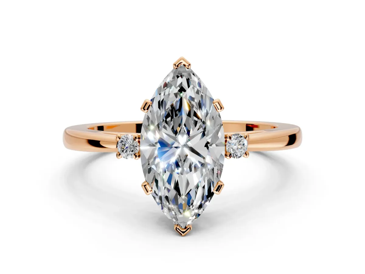 3 Stone Engagement Ring Setting for Marquise Center with Low-Set Round Cut Accents and Prong Head in Rose Gold