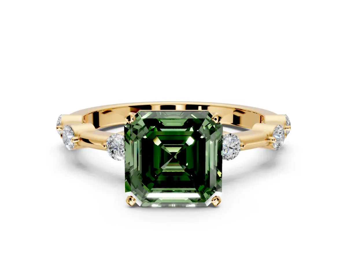 Solitaire Engagement Ring Setting for Fancy Green Asscher Cut Center with Bezel Station Band and Prong Head in Yellow Gold