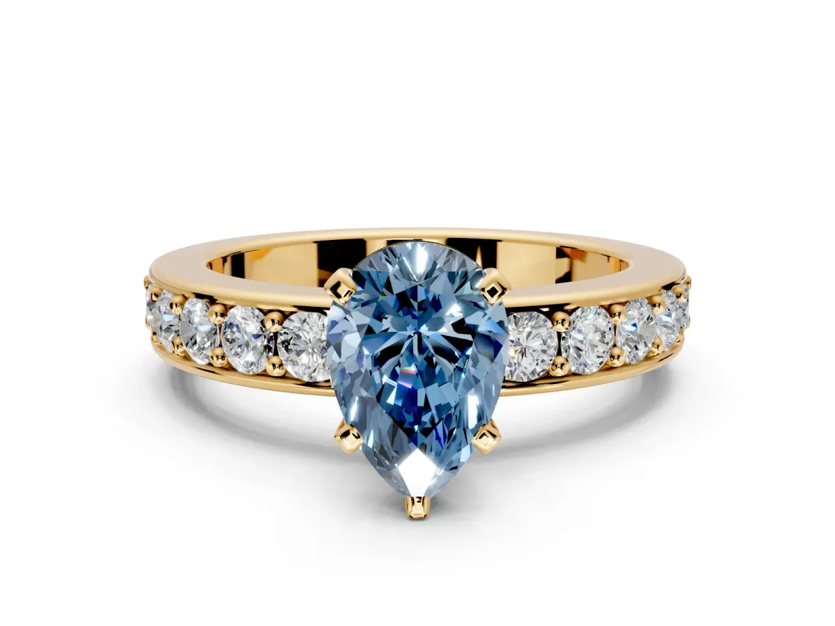 Solitaire Engagement Ring Setting for Fancy Blue Pear-Shaped Center with Channel-Set Accents and Prong Head in Yellow Gold