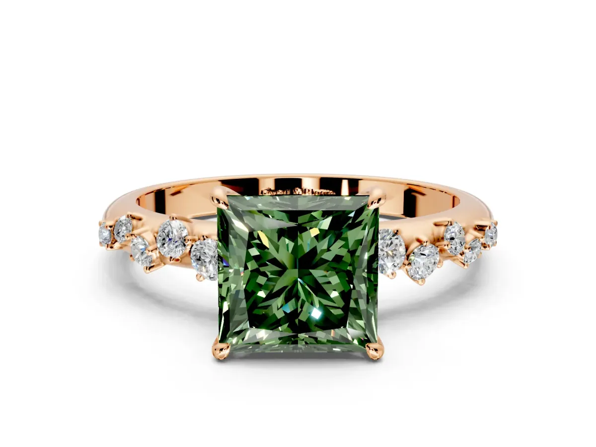 Cluster Engagement Ring Setting for Fancy Green Princess Cut Center with Round Cut Accent Band and Prong Head in Rose Gold