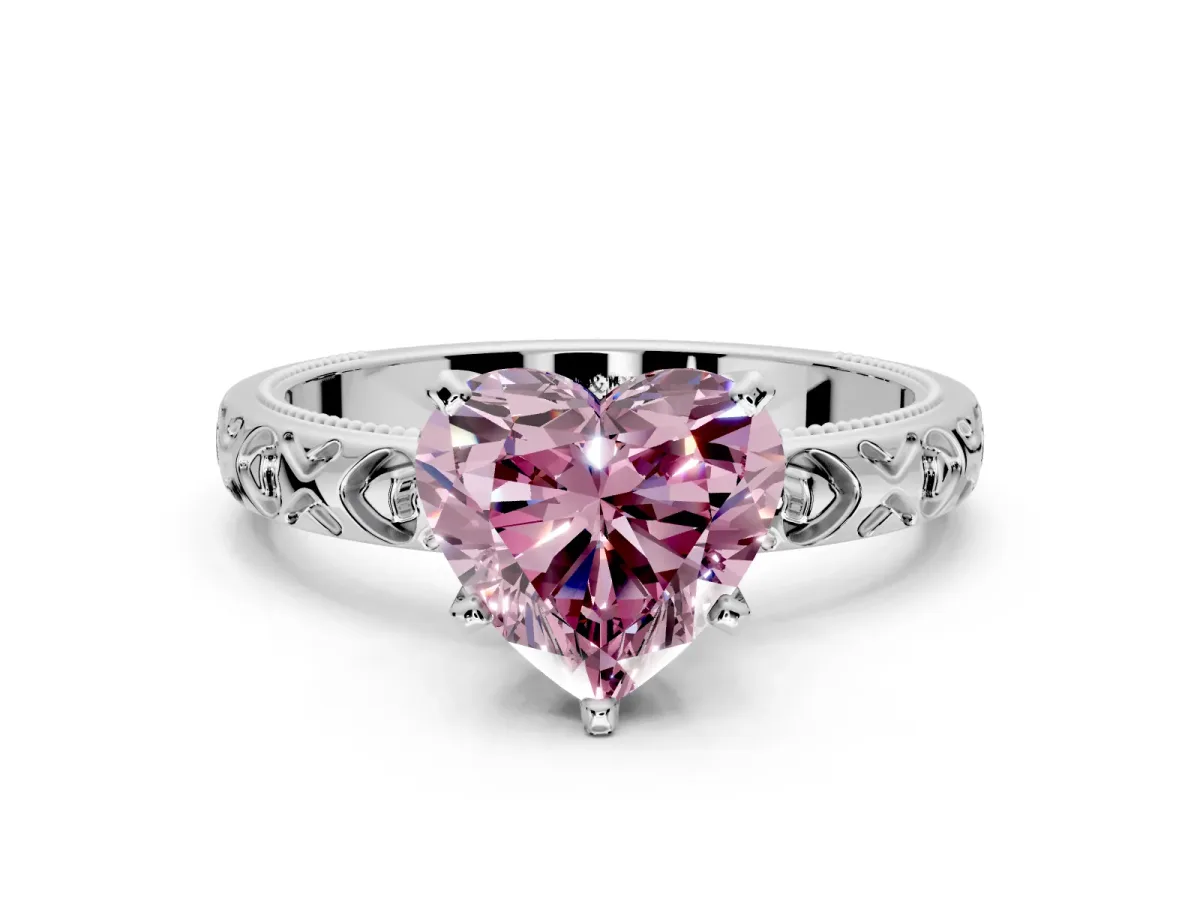 Solitaire Engagement Ring Setting for Fancy Pink Heart-Shaped Center with XO Engraved Band and Prong Head in Platinum