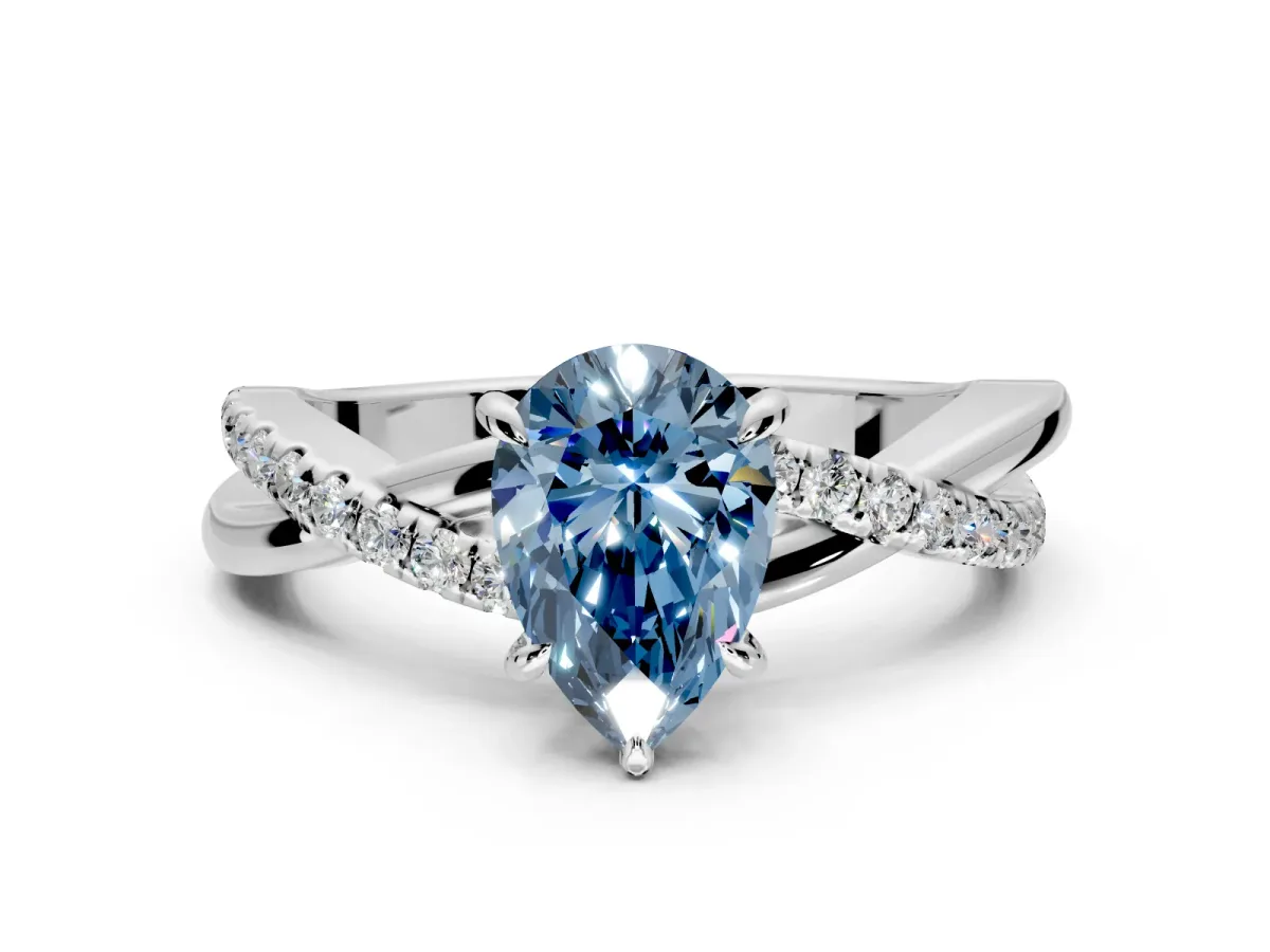 Crossover Engagement Ring Setting for Fancy Blue Pear-Shaped Center with Pave and Plain Strands and Prong Head in Sterling Silver