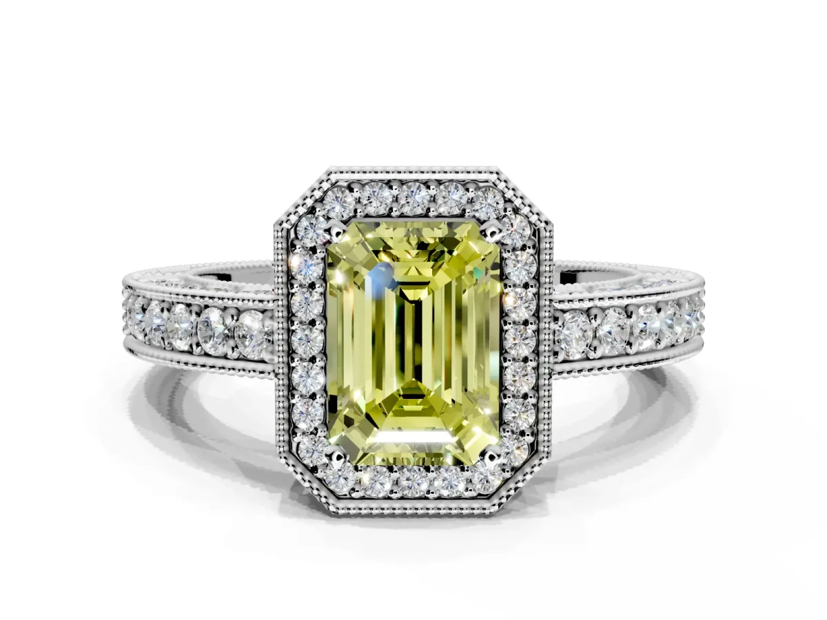Milgrain Halo Engagement Ring Setting for Fancy Yellow Emerald Cut Center with Wide Pave Band and Prong Head in Platinum