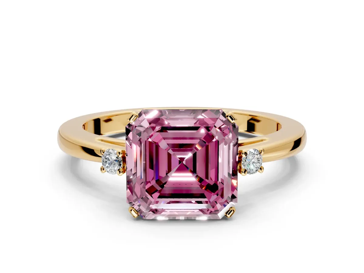 3 Stone Engagement Ring Setting for Fancy Pink Asscher Cut Center with Low-Set Round Cut Accents and Prong Head in Yellow Gold