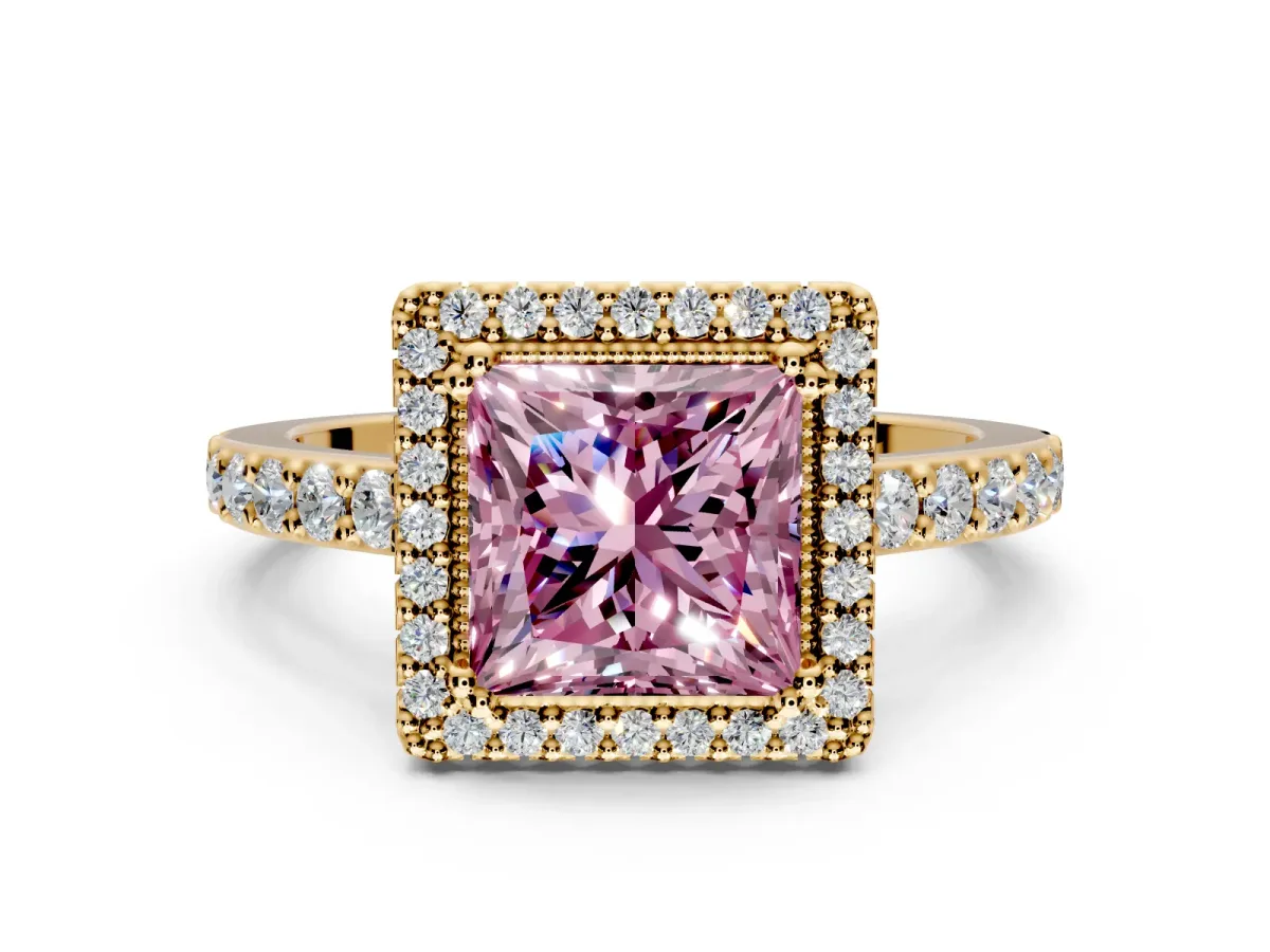 Halo Engagement Ring Setting for Fancy Pink Princess Cut Center with Inner Milgrain Border and Prong Head in Yellow Gold