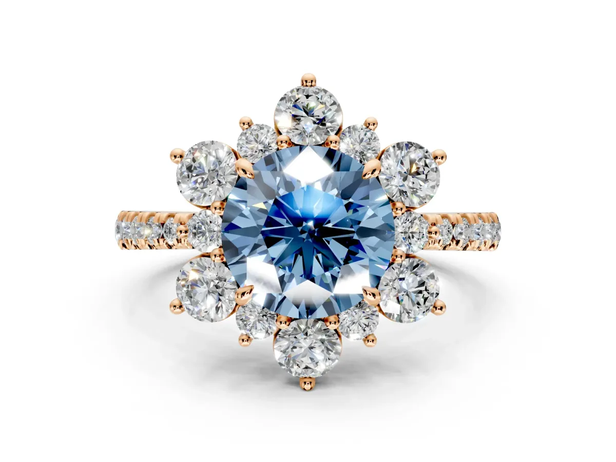 Floral Halo Engagement Ring Setting for Fancy Blue Round Cut Center with Pave Accents and Prong Head in Rose Gold