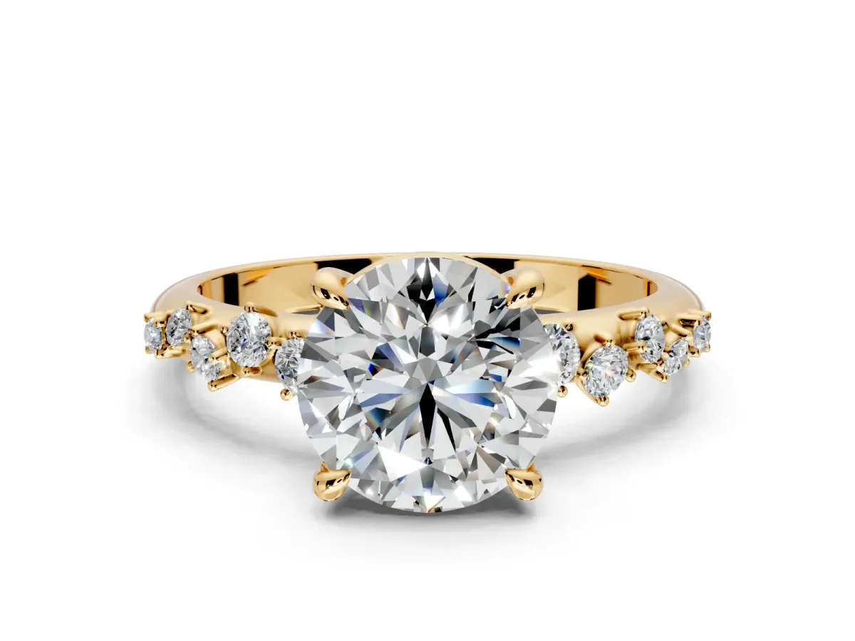 Solitaire Engagement Ring Setting for Round Cut Center with Trailing Leaf Accent Band and Prong Head in Yellow Gold