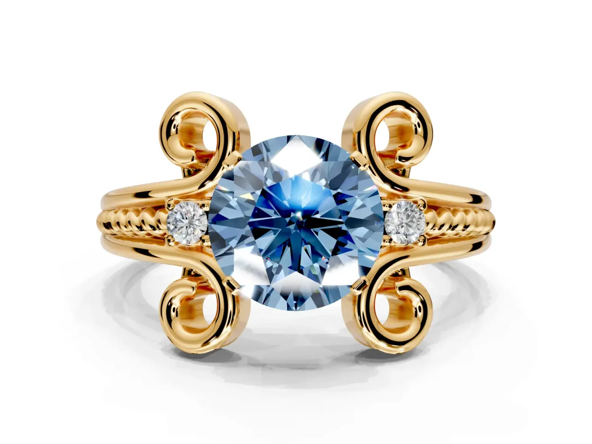 Solitaire Engagement Ring Setting for Fancy Blue Round Cut Center with Twisted Band and Scroll Prong Head in Yellow Gold