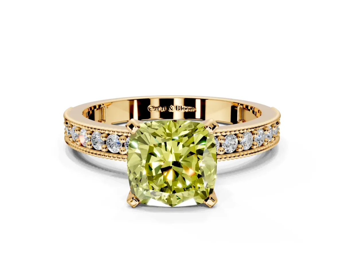 Milgrain Pave Engagement Ring Setting for Fancy Yellow Cushion Cut Center with Accent Band and Prong Head in Yellow Gold
