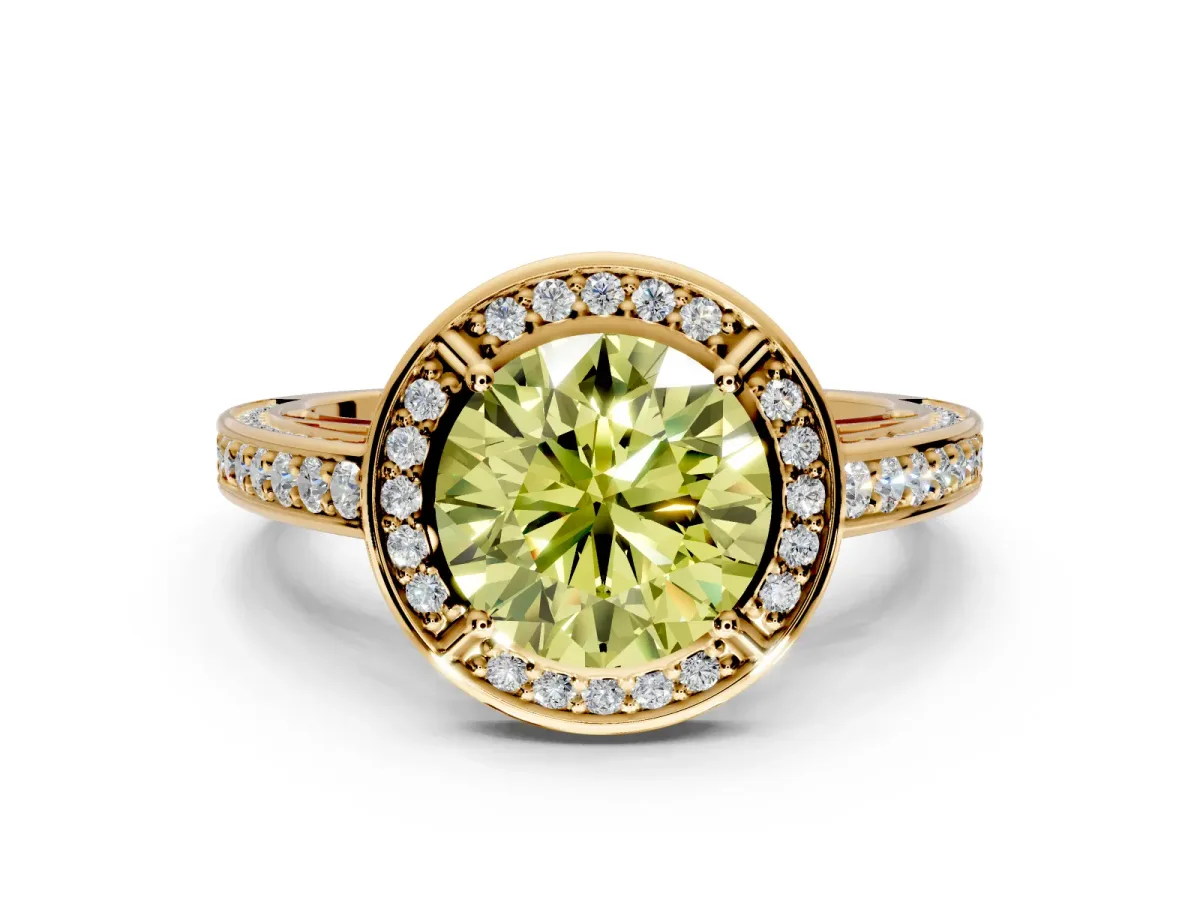 Halo Engagement Ring Setting for Fancy Yellow Round Cut Center with Framed Halo, Pave Band and Prong Head in Yellow Gold