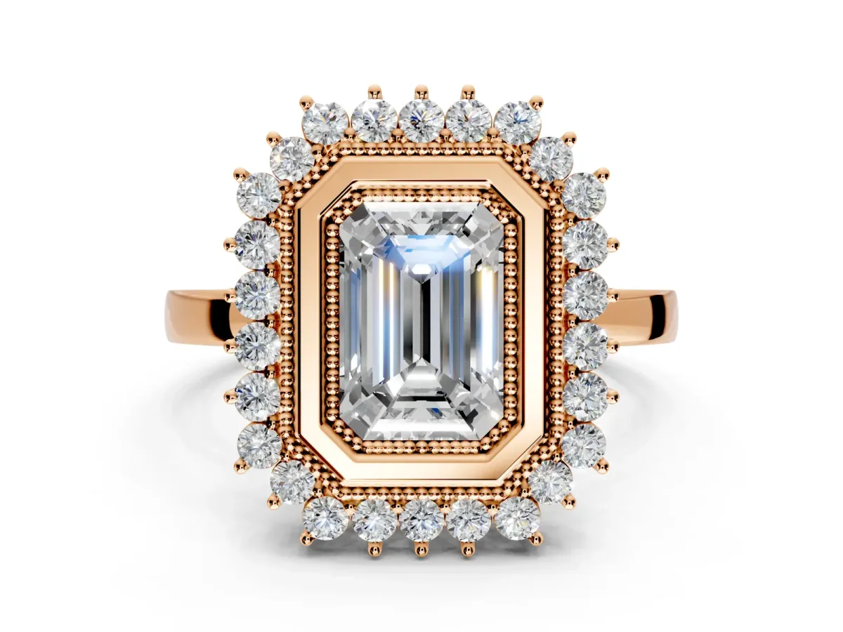 Halo Engagement Ring Setting for Emerald Cut Center with Milgrain Bezel Rim, Plain Band and Prong Head in Rose Gold