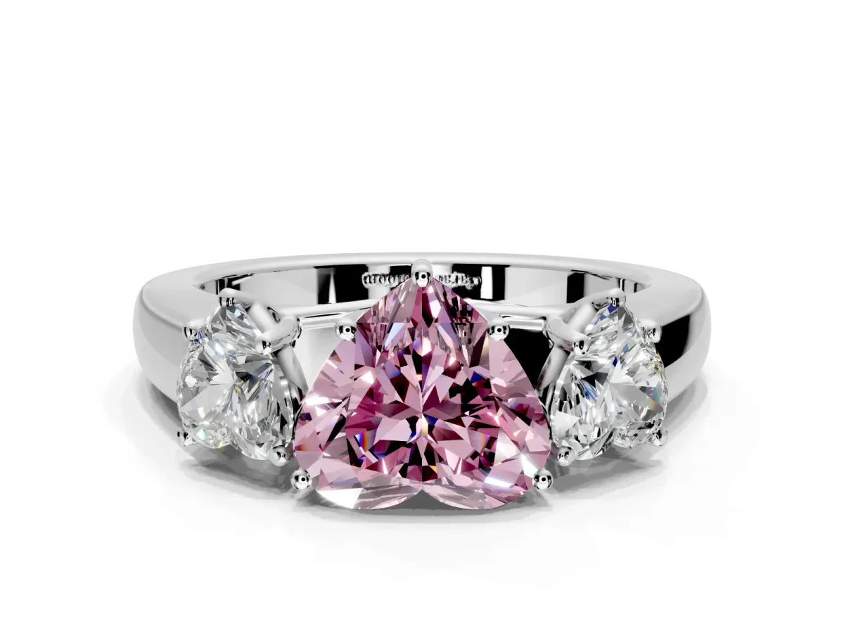3 Stone Engagement Ring Setting for Fancy Pink Heart-Shaped Center with Raised Basket Heads and Prong Head in Platinum