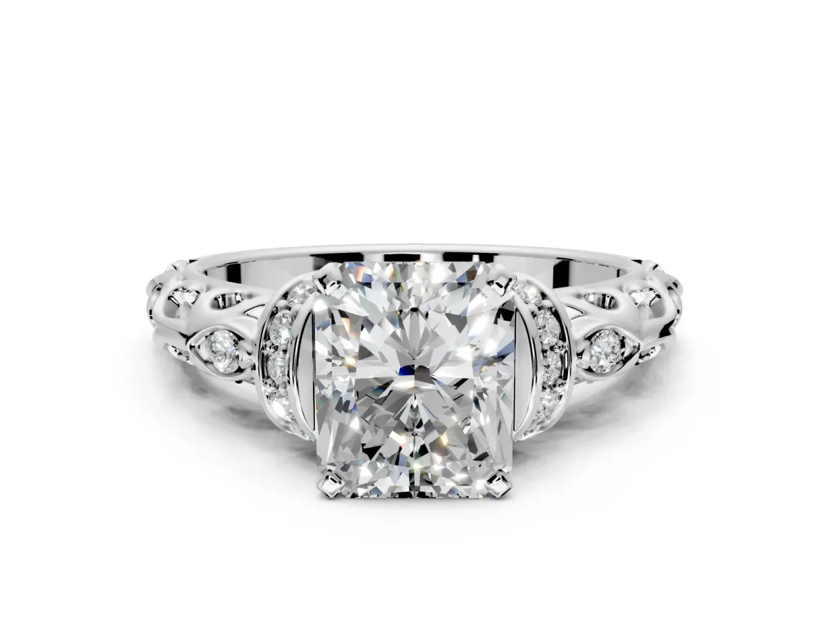 Solitaire Engagement Ring Setting for Radiant Cut Center with Filigree Band and Prong Head in Platinum