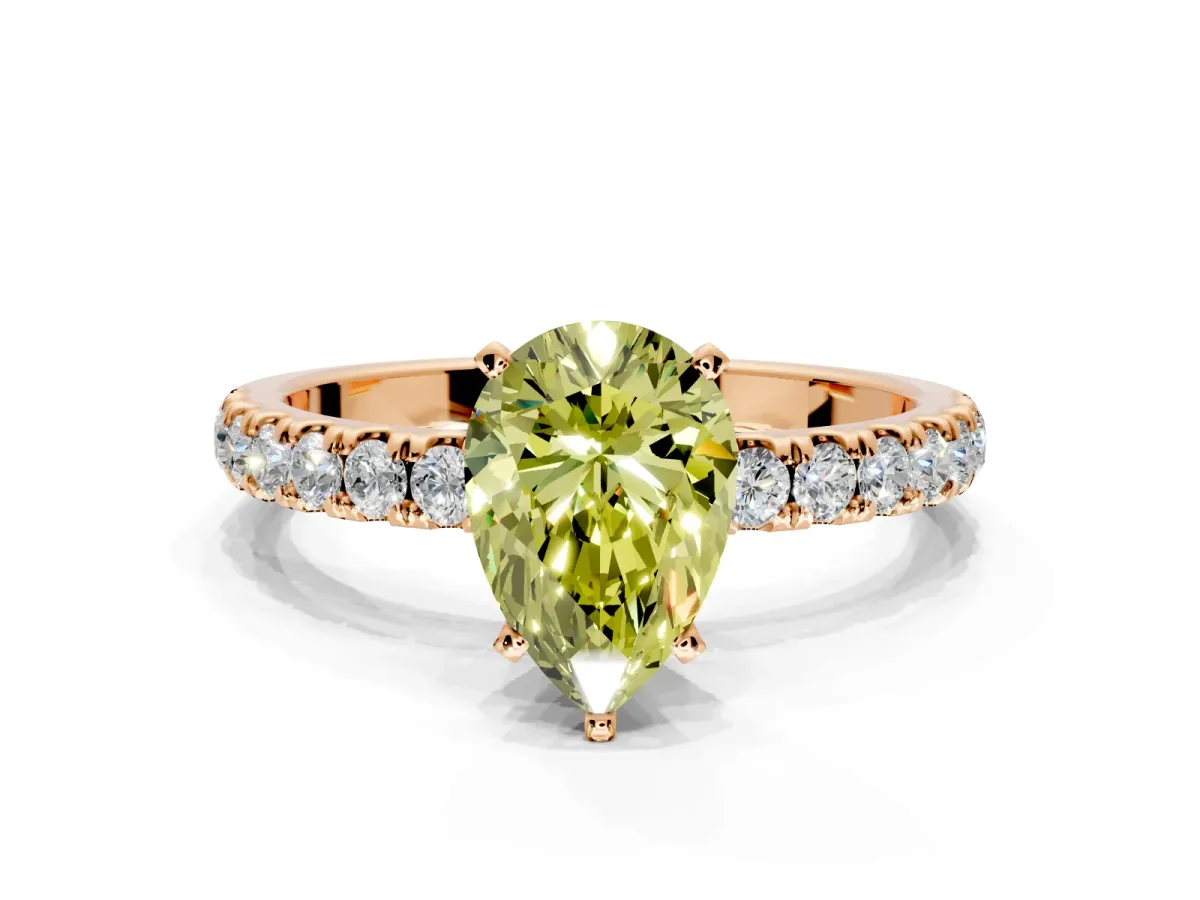 Open Basket Engagement Ring Setting for Fancy Yellow Pear-Shaped Center with Pave Band and Prong Head in Rose Gold