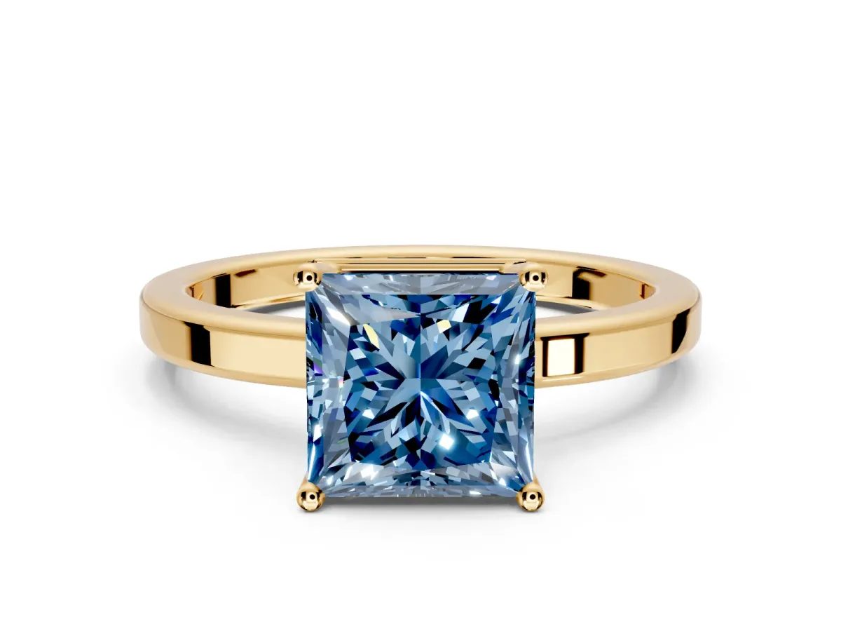 Hidden Halo Engagement Ring Setting for Fancy Blue Princess Cut Center with Wide Flat Plain Band and Prong Head in Yellow Gold