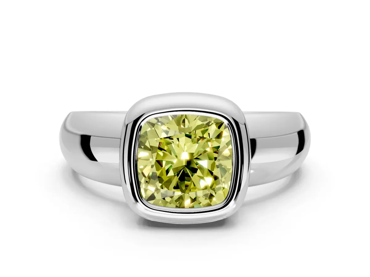 Solitaire Engagement Ring Setting for Fancy Yellow Cushion Cut Center with Wide Band and Bezel Head in Sterling Silver