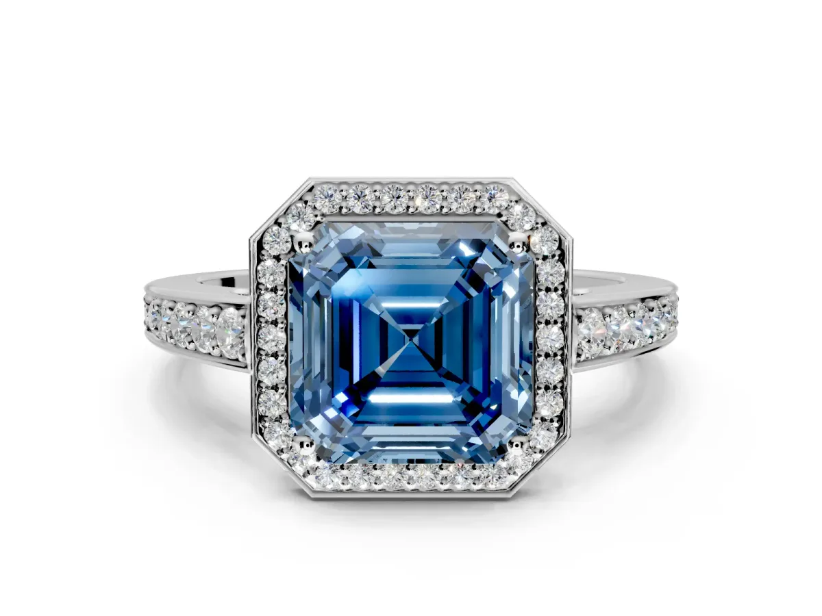 Bezel-Framed Halo Engagement Ring Setting for Fancy Blue Asscher Cut Center with Pave Band and Prong Head in Platinum