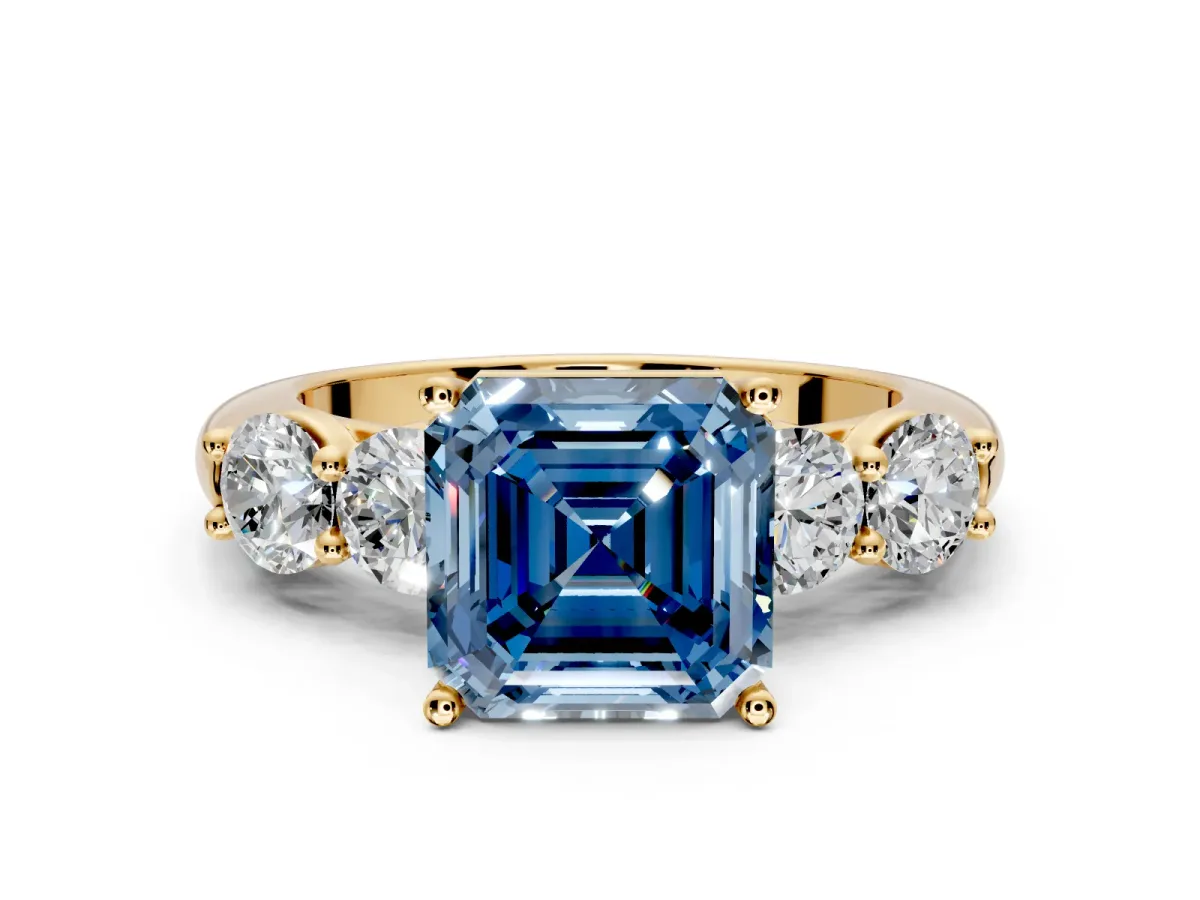 5 Stone Engagement Ring Setting for Fancy Blue Asscher Cut Center with Graduated Accents and Prong Head in Yellow Gold