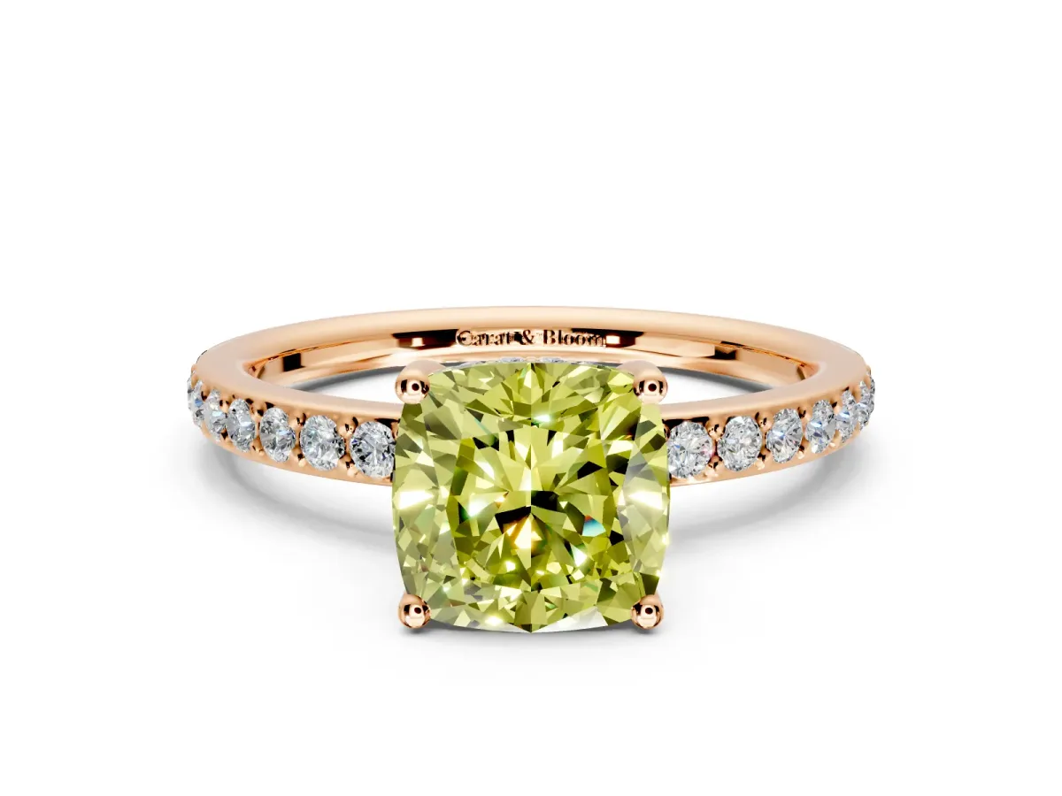 Solitaire Engagement Ring Setting for Fancy Yellow Cushion Cut Center with Fine Pave Band and Prong Head in Rose Gold