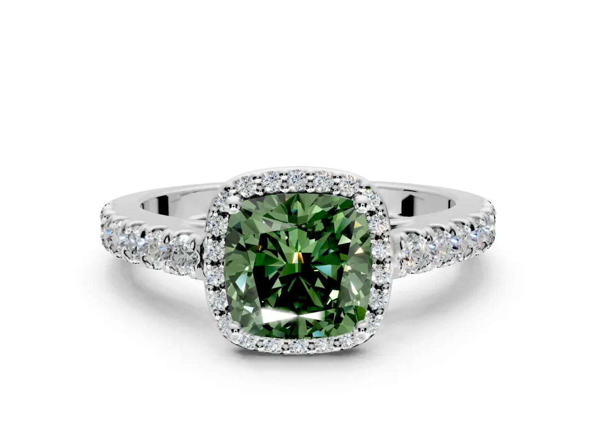Halo Engagement Ring Setting for Fancy Green Cushion Cut Center with Full Pave Band and Prong Head in White Gold