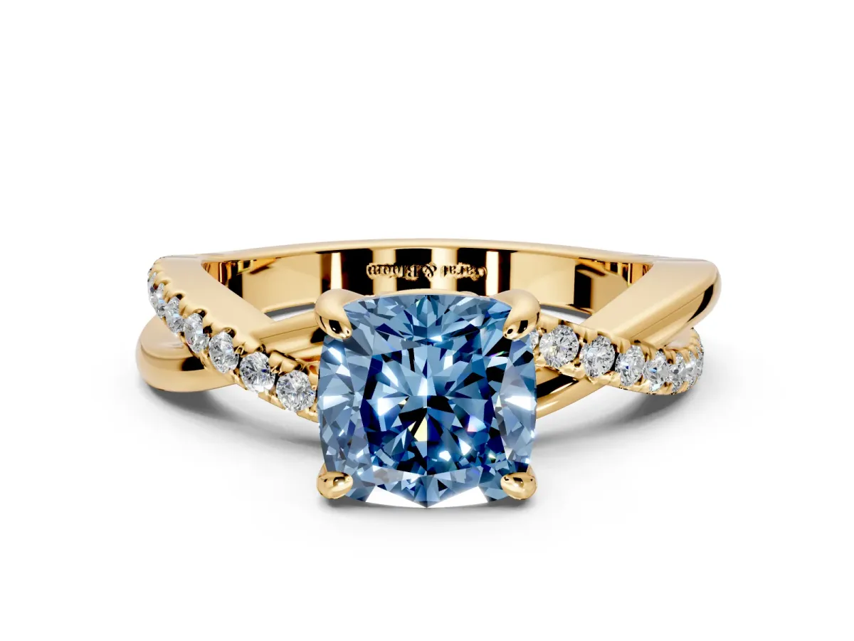 Solitaire Engagement Ring Setting for Fancy Blue Cushion Cut Center with Half-Pave Crossover Band and Prong Head in Yellow Gold