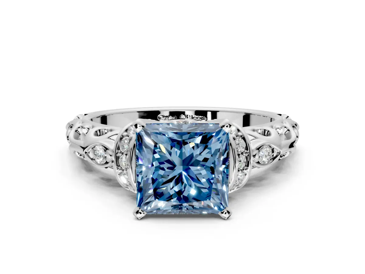 Solitaire Engagement Ring Setting for Fancy Blue Princess Cut Center with Filigree Band and Prong Head in Sterling Silver