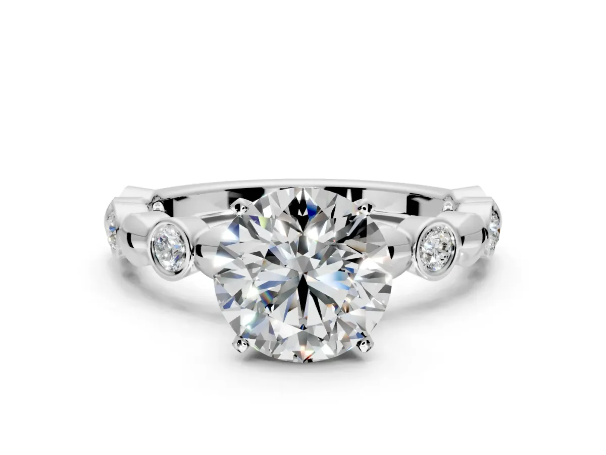 Solitaire Engagement Ring Setting for Round Cut Center with Beaded Bezel Station Band and Prong Head in Platinum