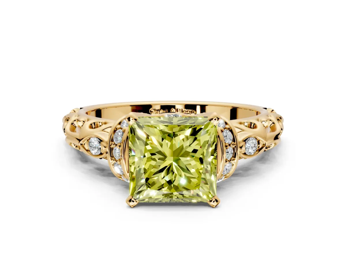 Solitaire Engagement Ring Setting for Fancy Yellow Princess Cut Center with Filigree Band and Prong Head in Yellow Gold