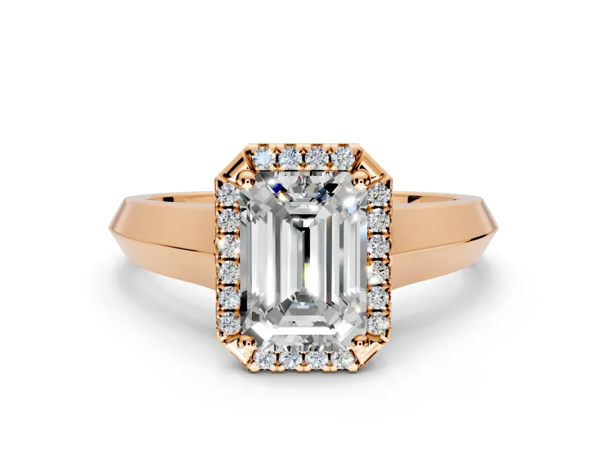 Halo Engagement Ring Setting for Emerald Cut Center with Knife Ridge Cathedral Band and Prong Head in Rose Gold