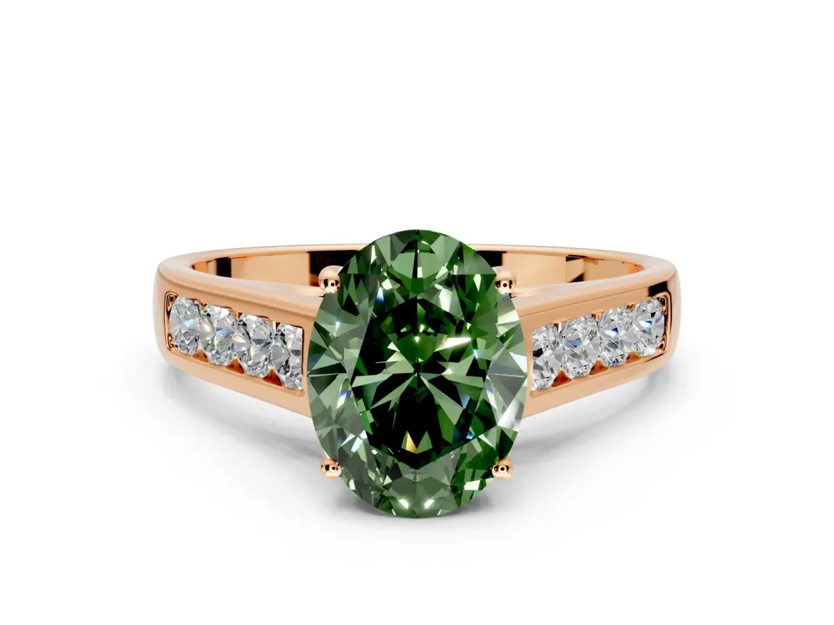 Solitaire Engagement Ring Setting for Fancy Green Oval Center with Cathedral Channel Band and Prong Head in Rose Gold