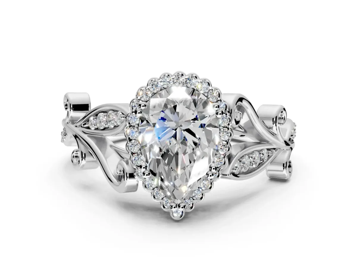 Halo Engagement Ring Setting for Pear-Shaped Center with Leaf Motif Split Shank and Prong Head in Platinum