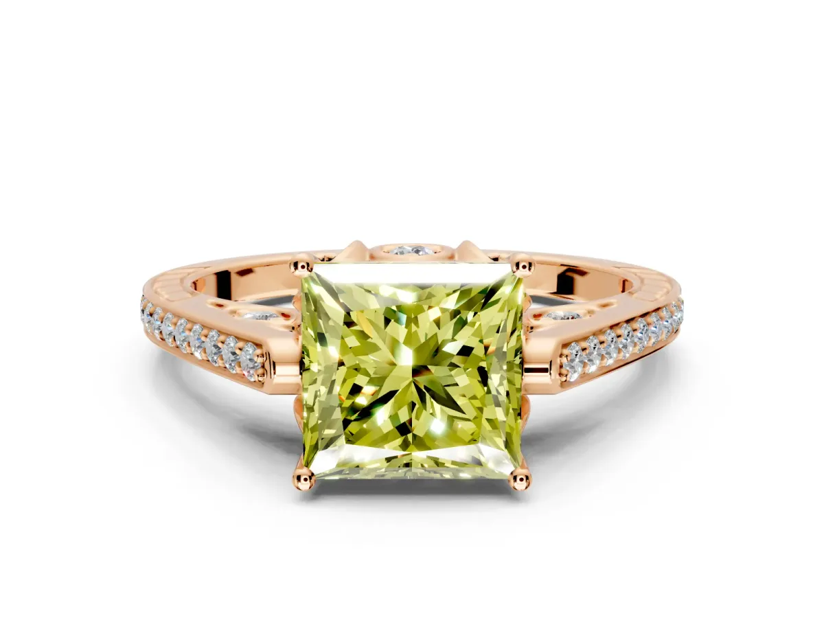 Cathedral Engagement Ring Setting for Fancy Yellow Princess Cut Center with Antique-Style Pave Band and Prong Head in Rose Gold