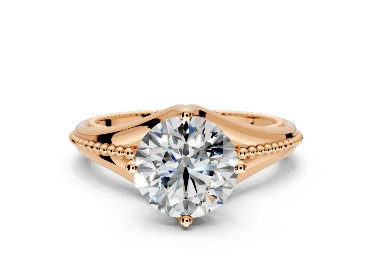 Solitaire Engagement Ring Setting for Round Cut Center with Milgrain Cathedral Band and Prong Head in Rose Gold