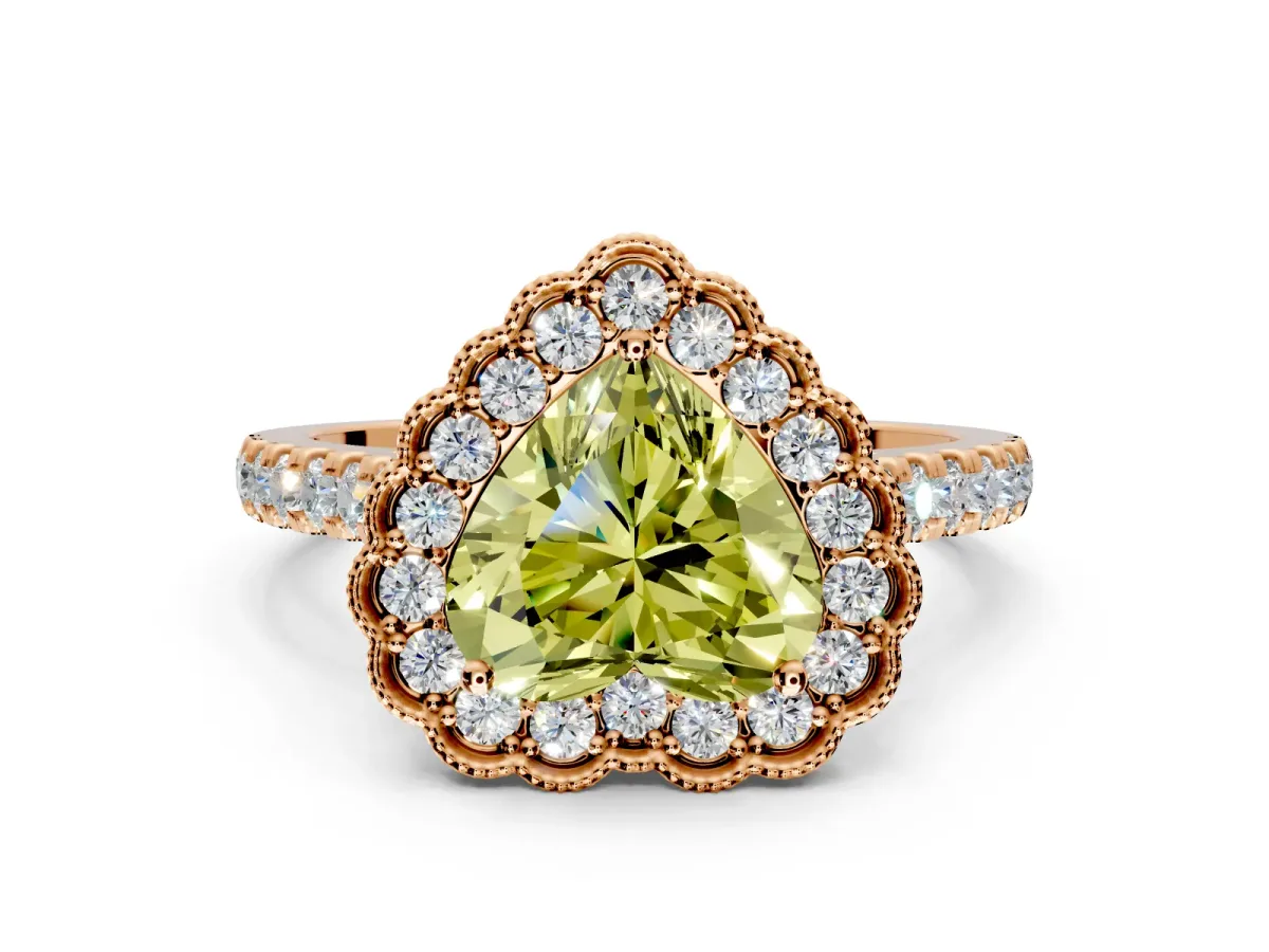 Milgrain Floral Halo Engagement Ring Setting for Fancy Yellow Heart-Shaped Center with Pave Band and Prong Head in Rose Gold