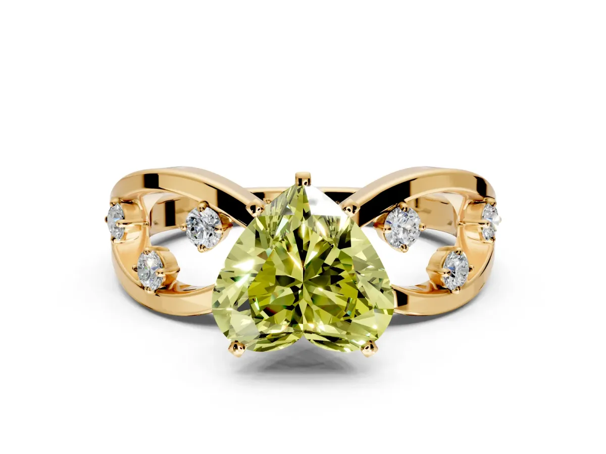 Solitaire Engagement Ring Setting for Fancy Yellow Heart-Shaped Center with Criss-Cross Accent Band and Prong Head in Yellow Gold
